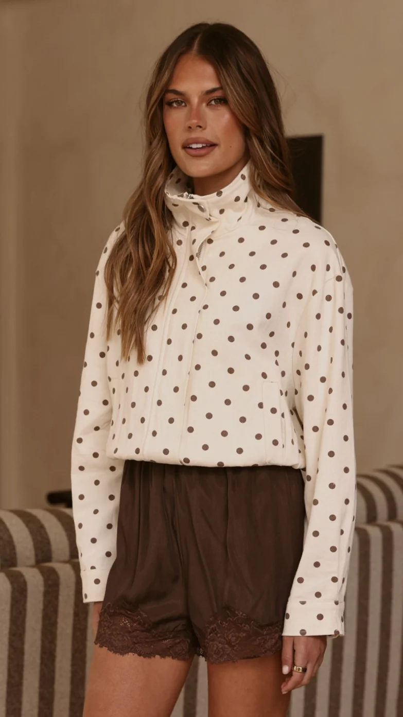 Nessie Funnel Neck Jacket - Cream/Chocolate Polka - Image 5