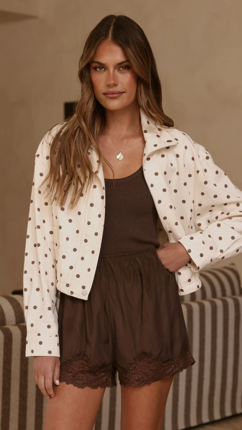 Nessie Funnel Neck Jacket - Cream/Chocolate Polka - Image 7