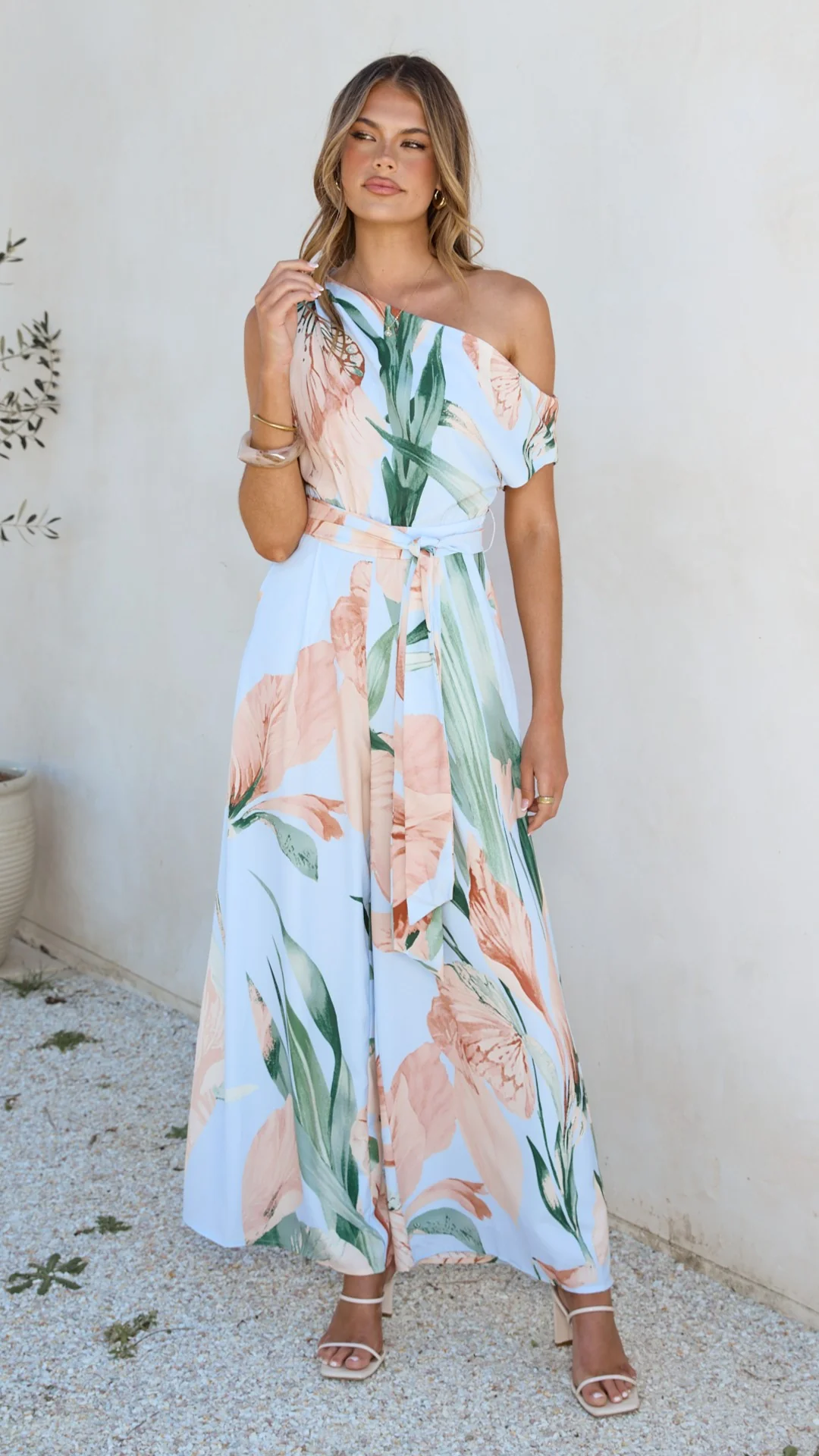 Oasis One Shoulder Jumpsuit - Blue/Peach Floral