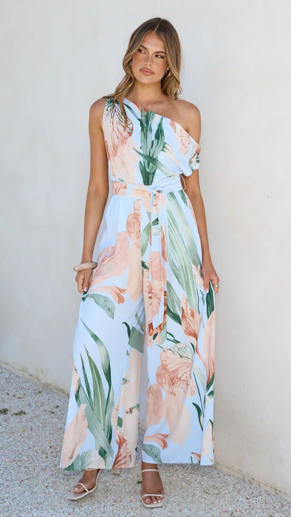 Oasis One Shoulder Jumpsuit - Blue/Peach Floral - Image 8