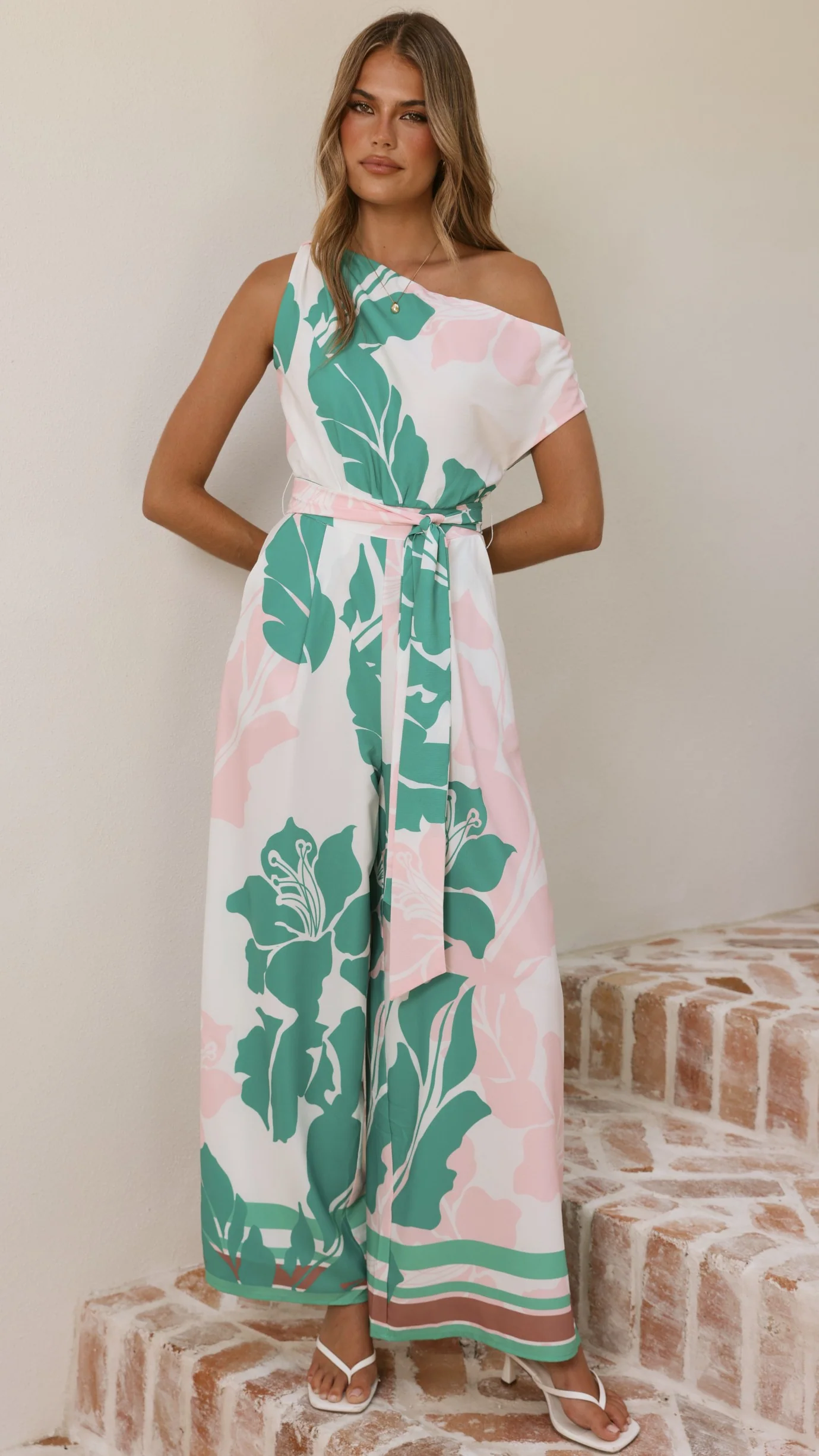 Oasis One Shoulder Jumpsuit - Pink/Green - Image 3