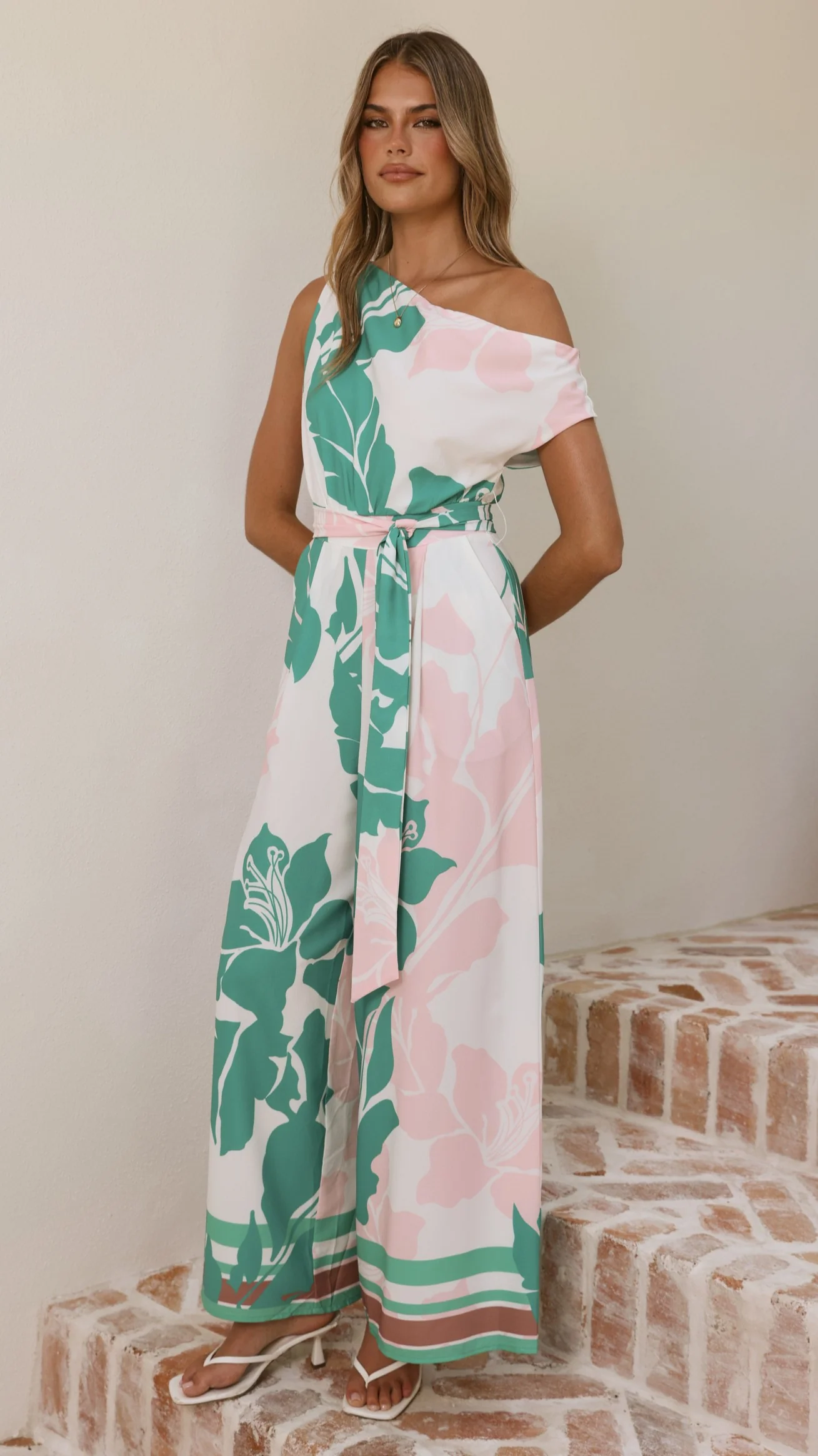Oasis One Shoulder Jumpsuit - Pink/Green - Image 4