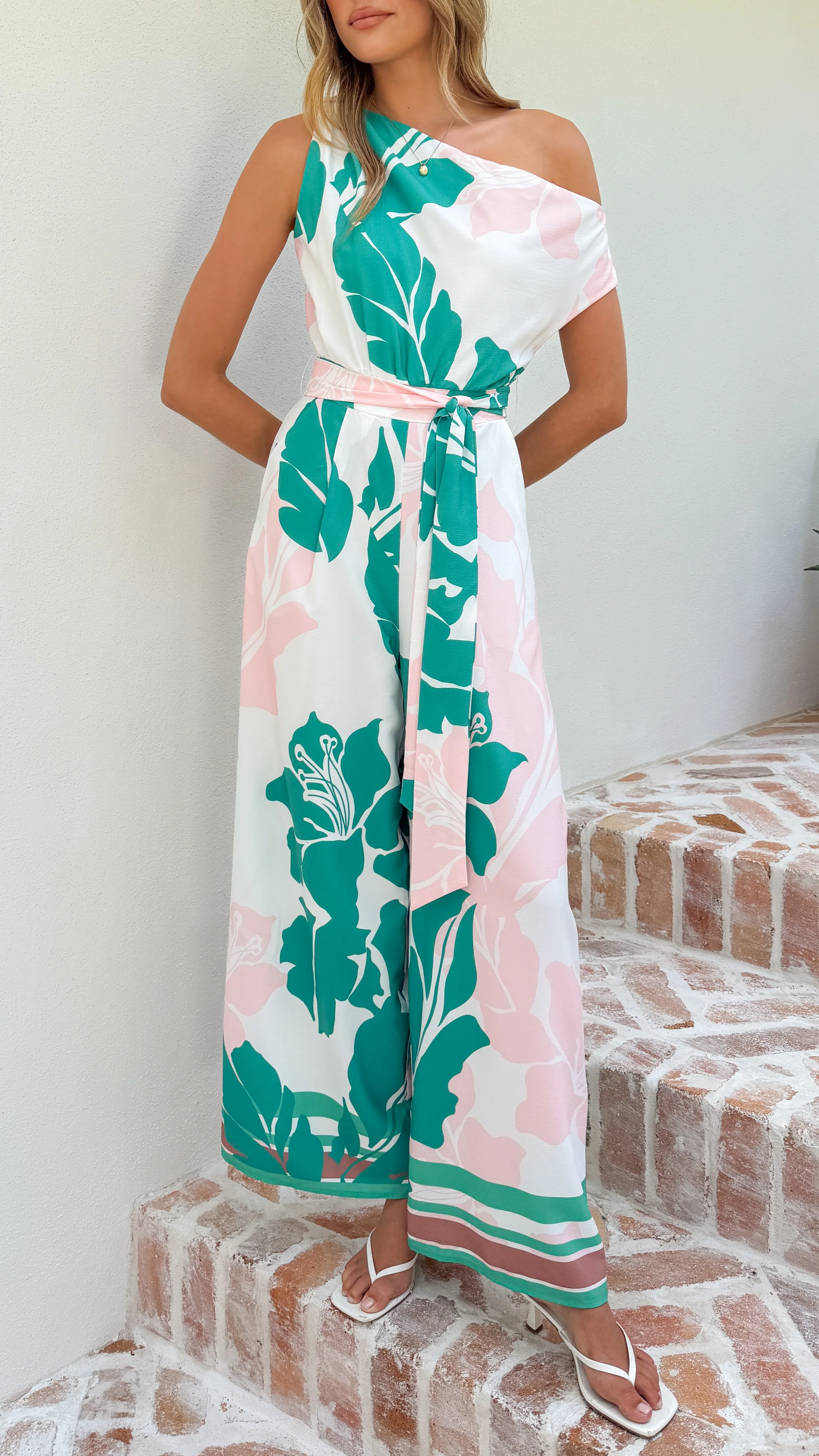 Oasis One Shoulder Jumpsuit - Pink/Green - Image 7