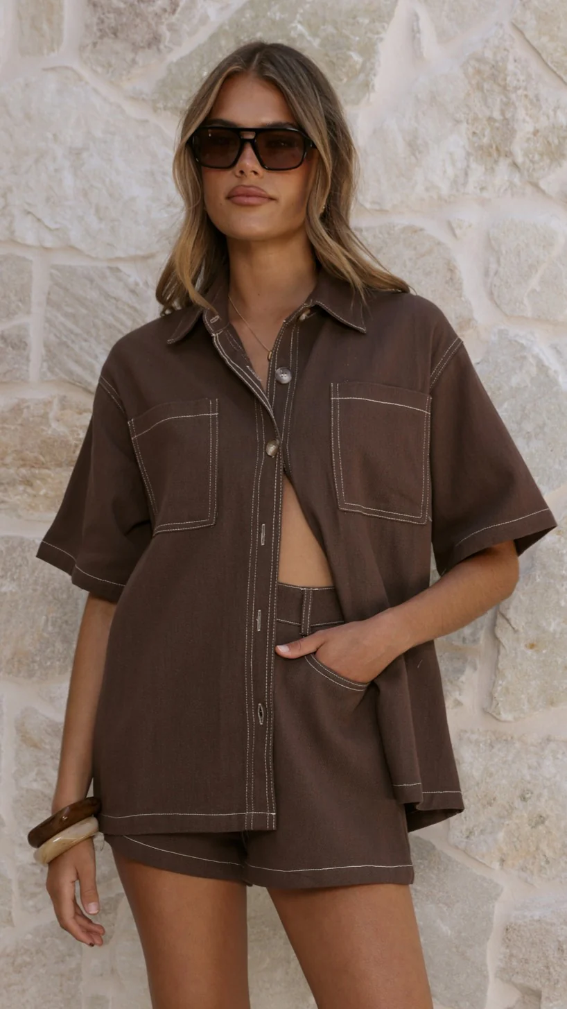Olivia Shirt and Shorts Set - Chocolate