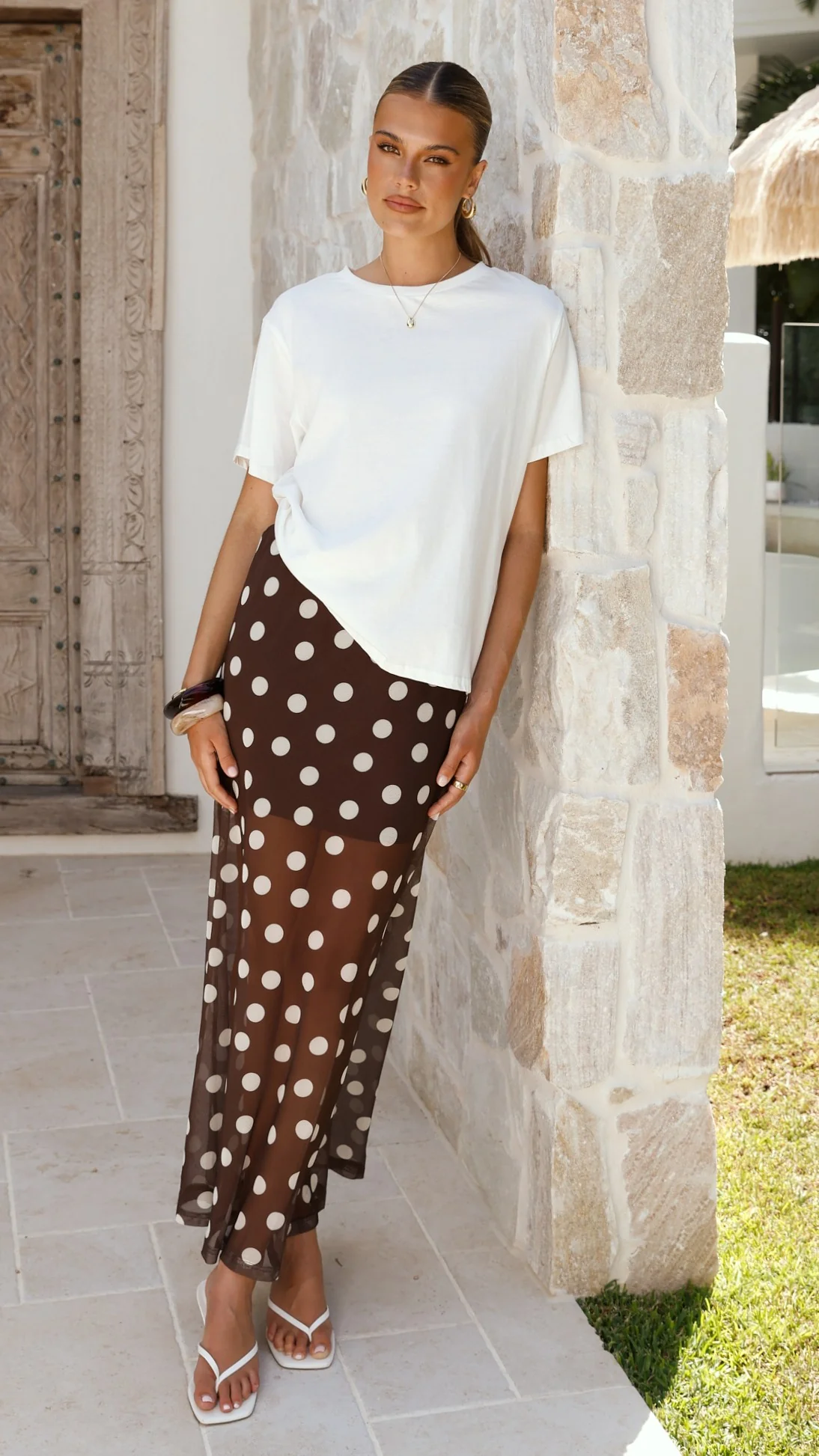 Onella Semi Sheer Maxi Skirt - Chocolate / White Polka Dot - Image 10