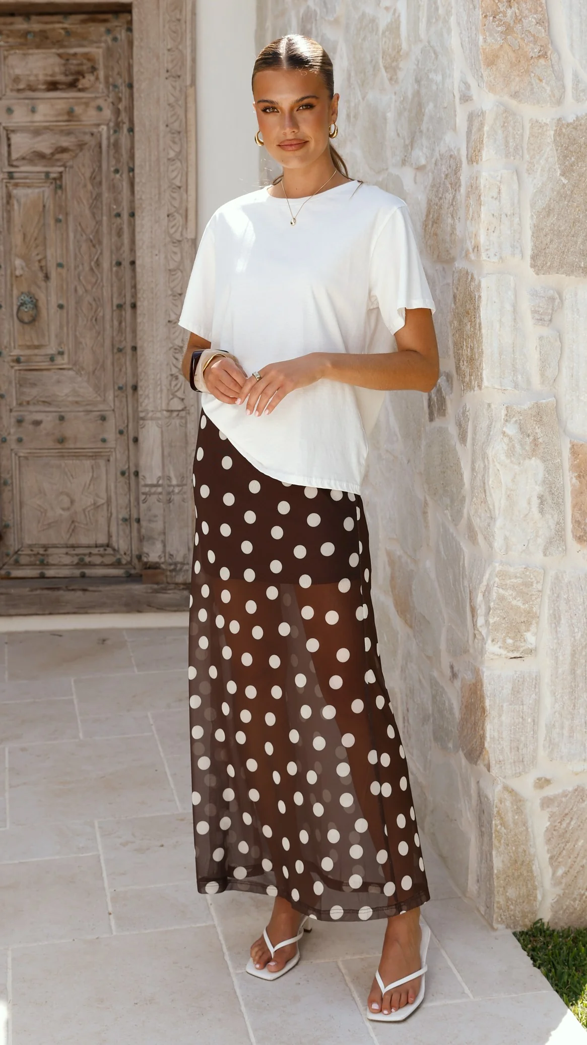Onella Semi Sheer Maxi Skirt - Chocolate / White Polka Dot - Image 12