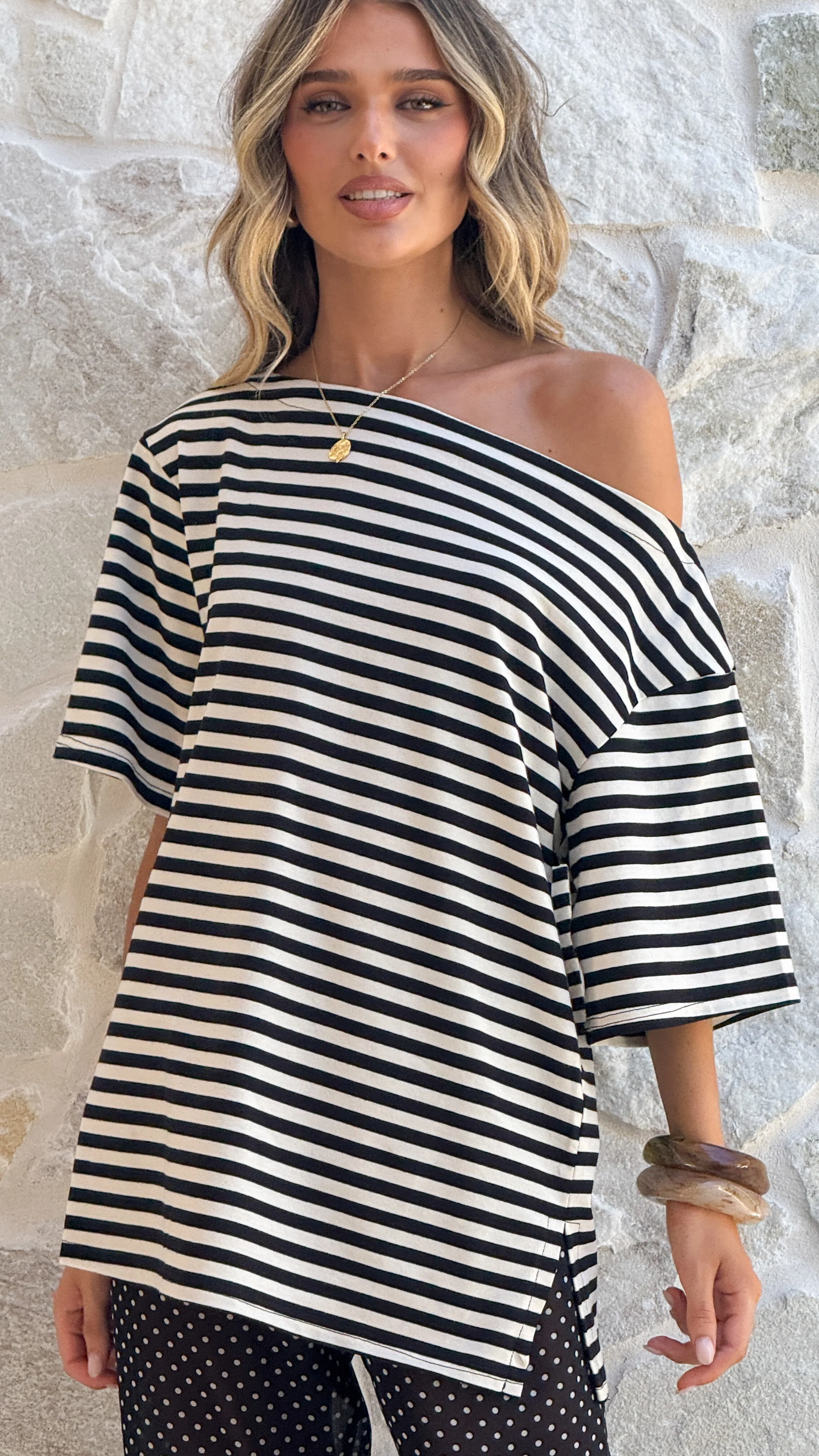 Pia One Shoulder Oversize Tee - Black/White Stripe - Image 6