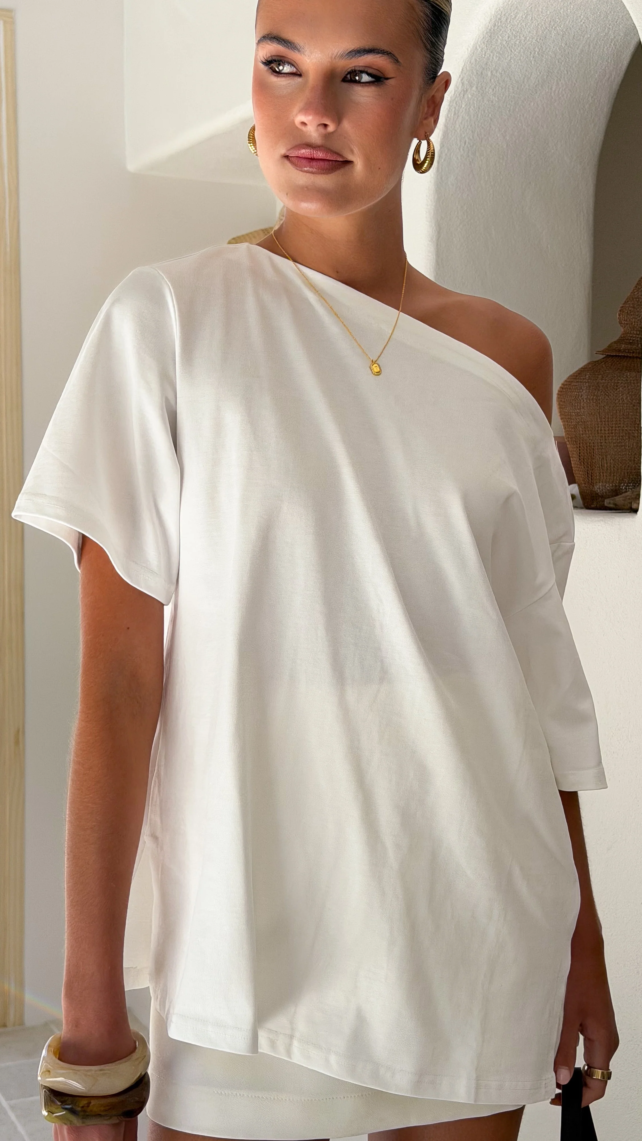 Pia One Shoulder Oversize Tee - White - Image 7