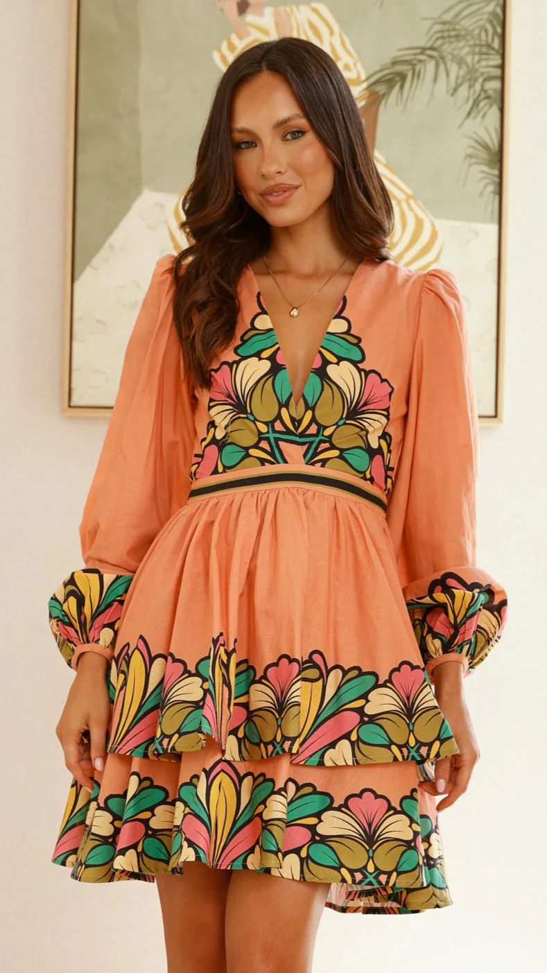 Portugal Long Sleeve Mini Dress - Melon - Image 2