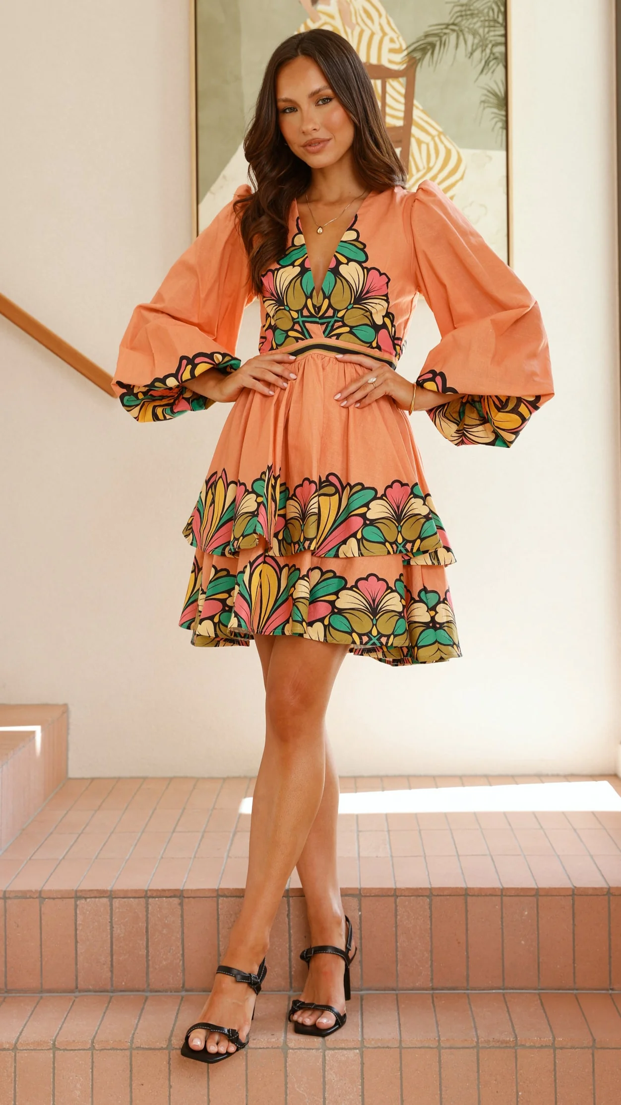 Portugal Long Sleeve Mini Dress - Melon - Image 6