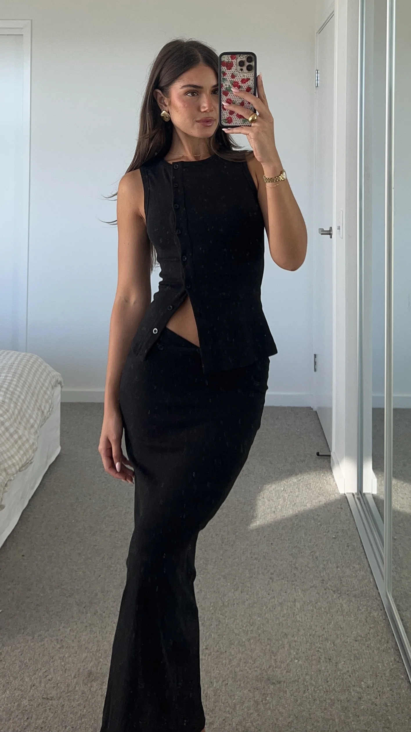 Rahela Button Top and Maxi Skirt Set - Black - Image 5