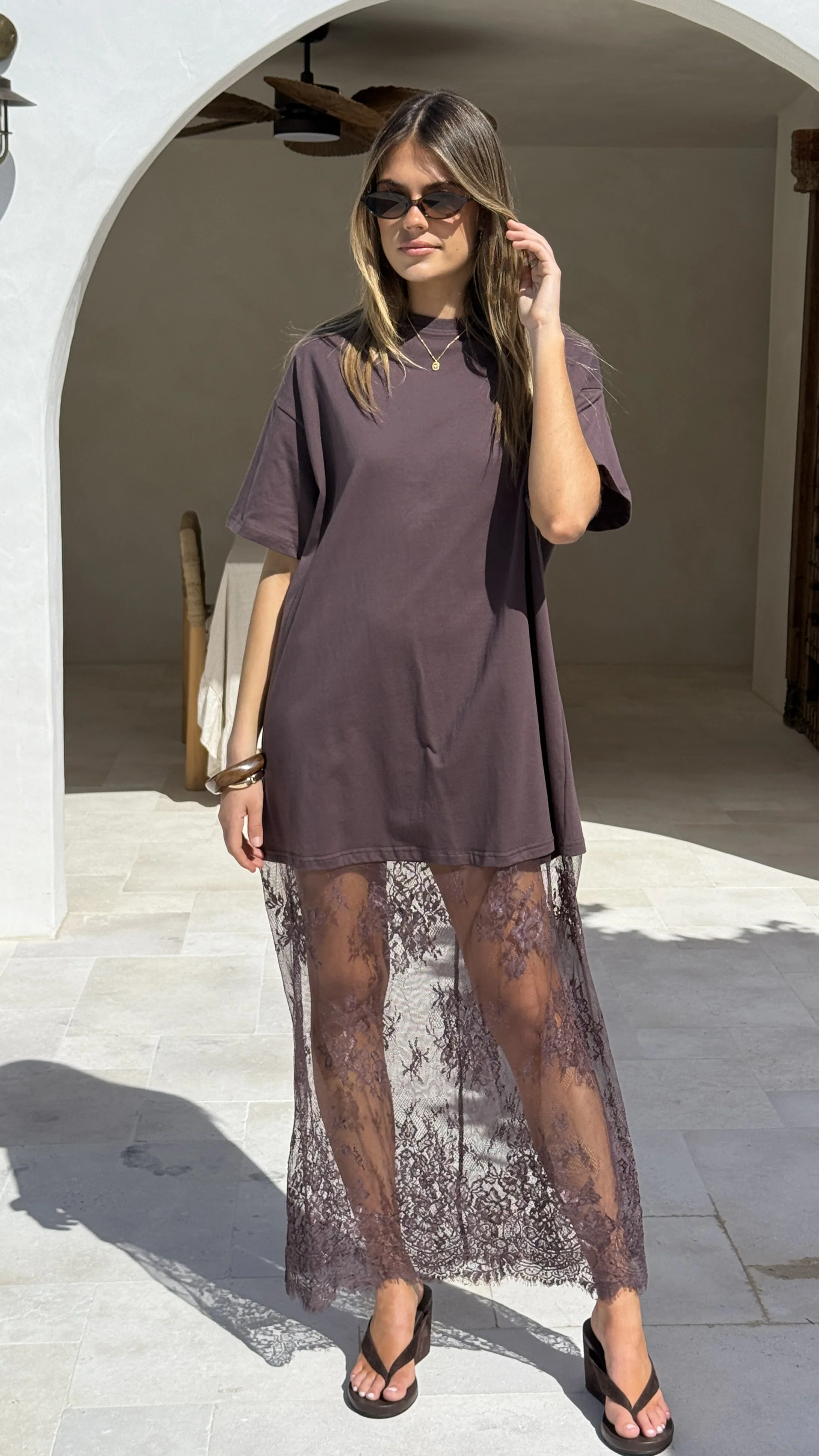 Raina T-Shirt Maxi Dress - Brown Lace - Image 6