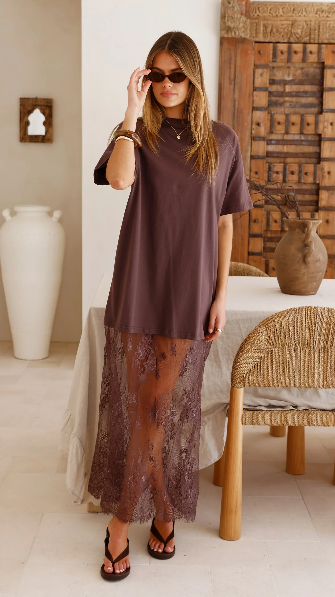 Raina T-Shirt Maxi Dress - Brown Lace - Image 7