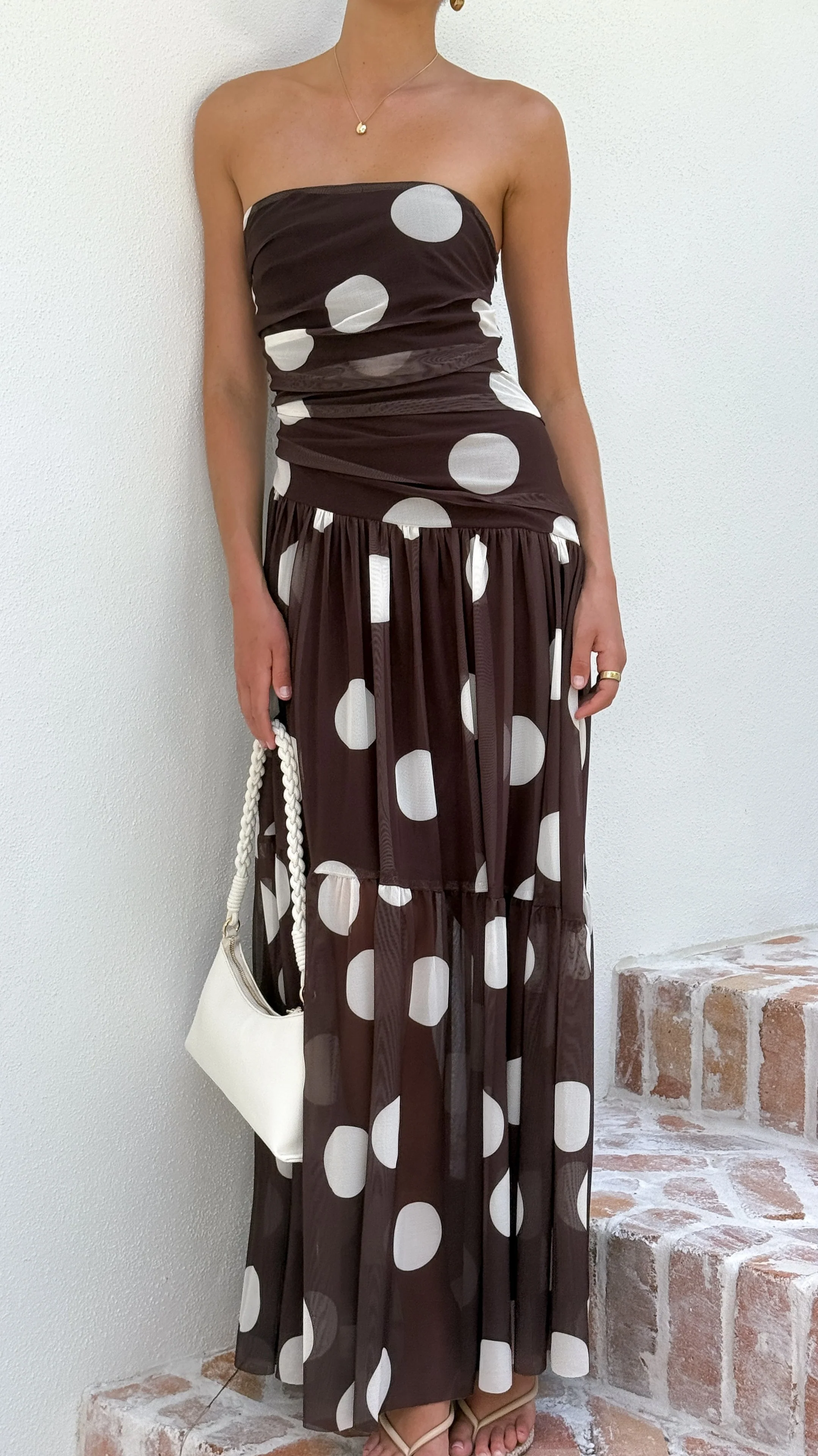 Riko Strapless Maxi Dress - Chocolate Macro Polka - Image 4
