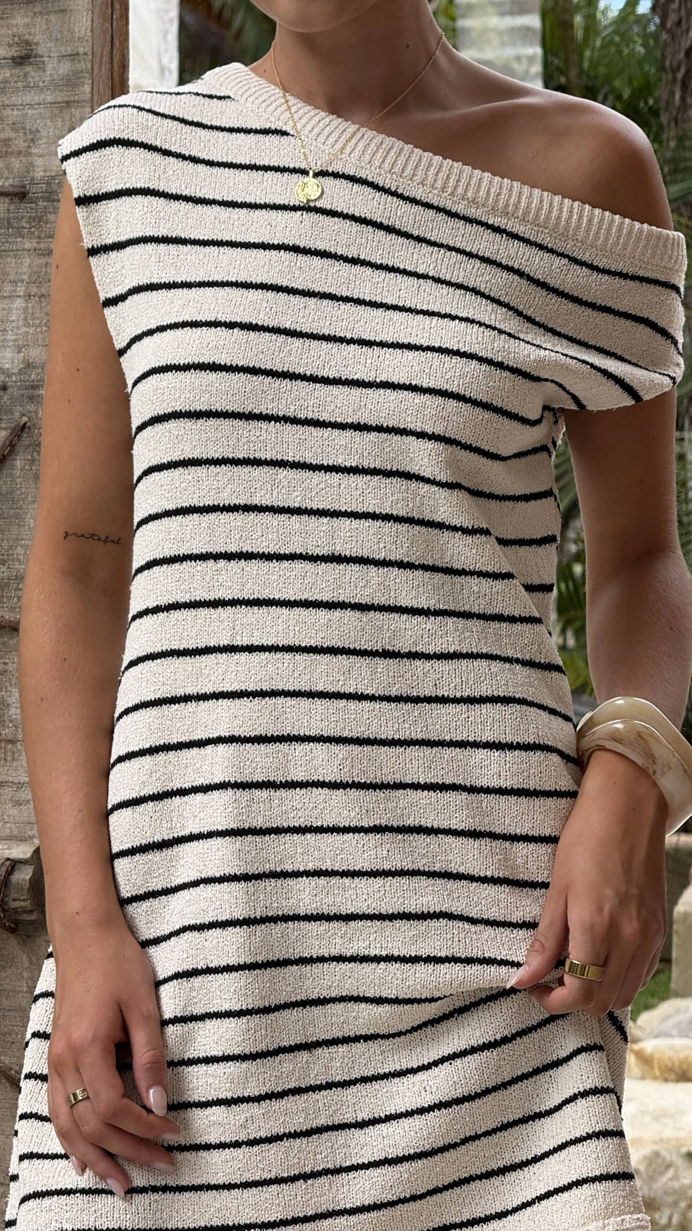 Robin Off Shoulder Mini Dress - Cream/Black Stripe - Image 5