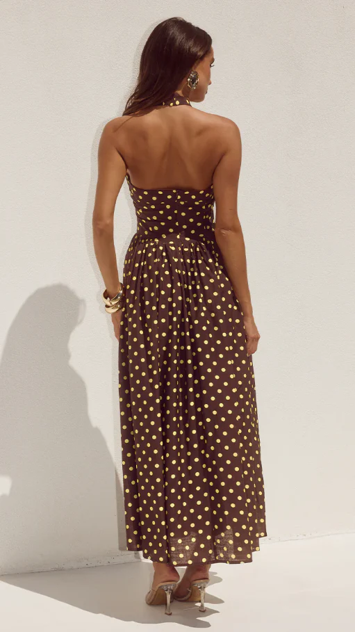 Sammi Halter Midi Dress - Choc/Lemon Polka - Image 3
