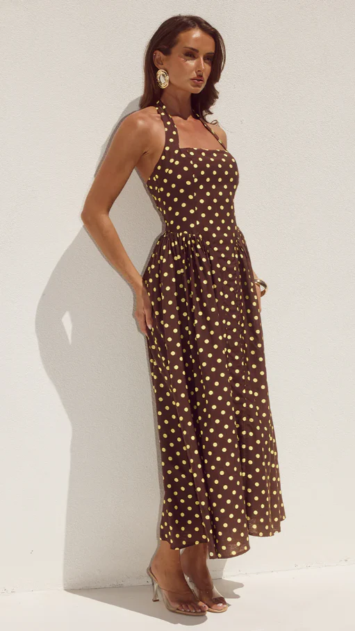 Sammi Halter Midi Dress - Choc/Lemon Polka - Image 5