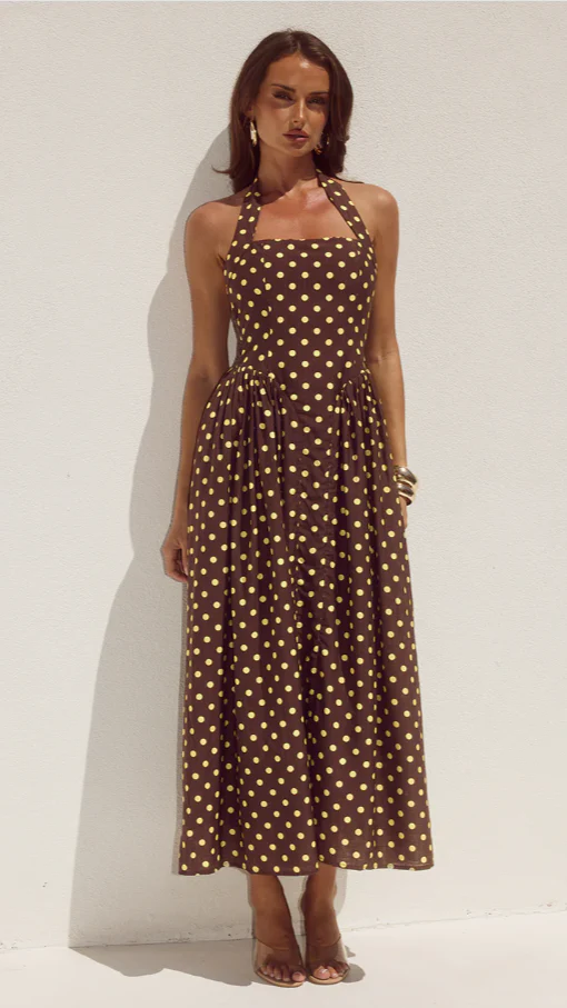 Sammi Halter Midi Dress - Choc/Lemon Polka - Image 6