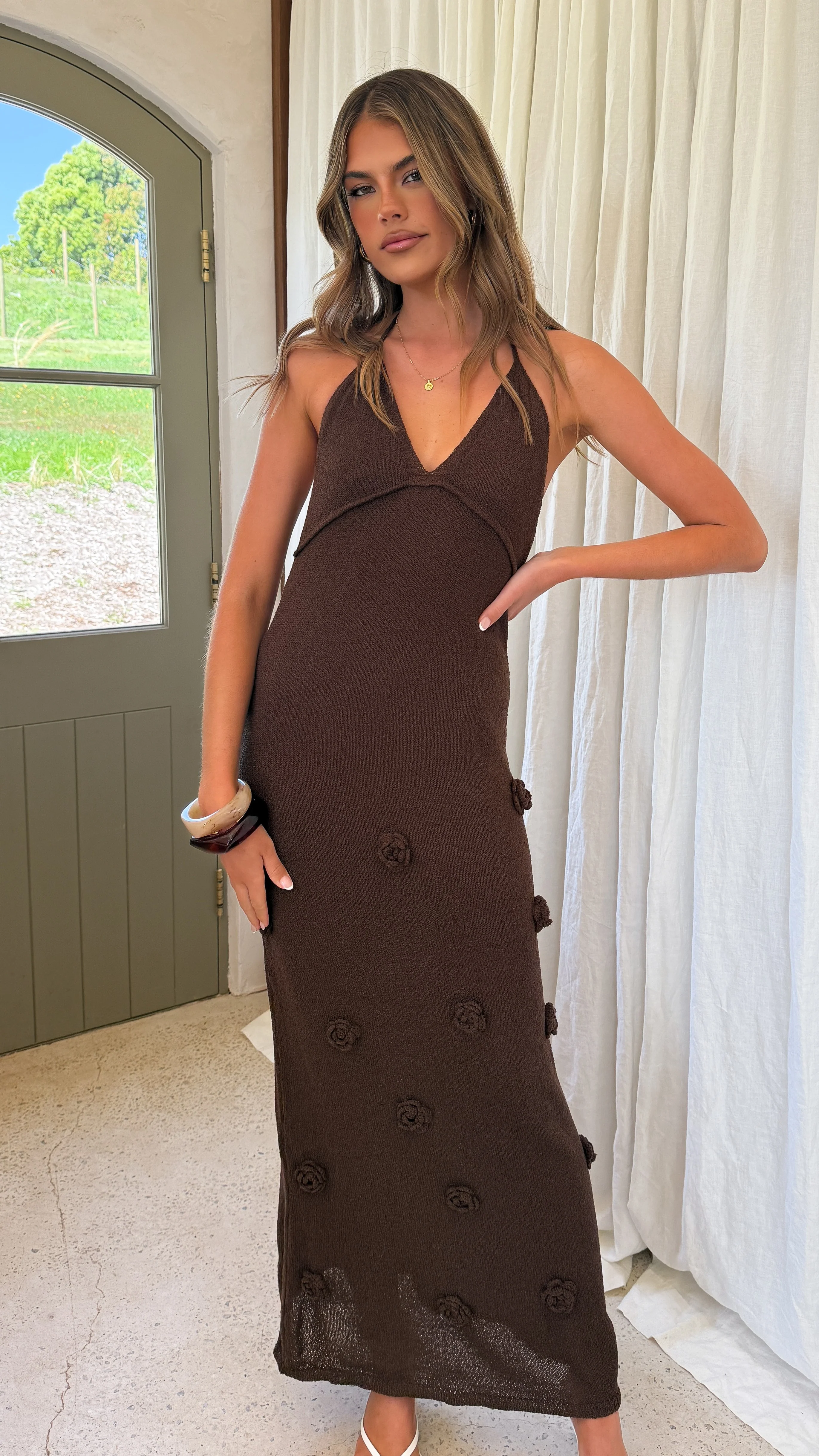 Sancha Flower Knit Maxi Dress - Chocolate - Image 6