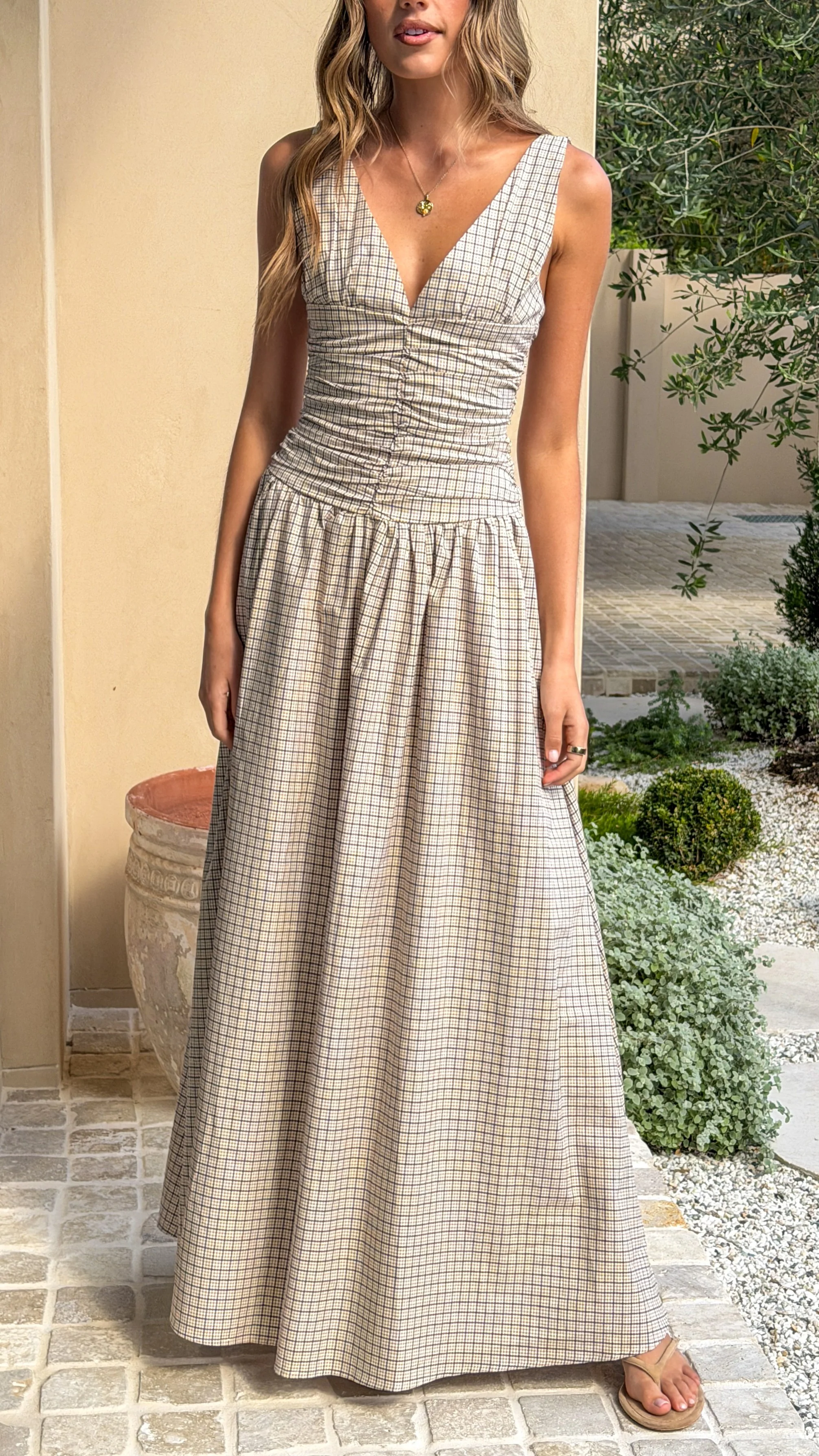Sanya Maxi Dress - Beige Check - Image 5