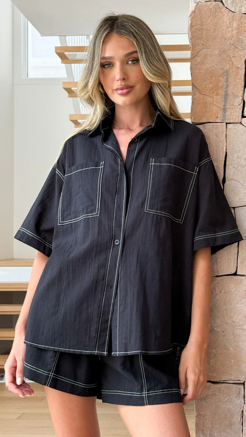 Sarafina Button Up Shirt and Shorts Set - Black - Image 5