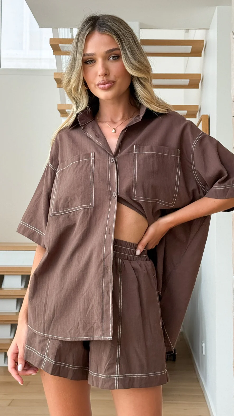 Sarafina Button Up Shirt and Shorts Set - Chocolate - Image 5