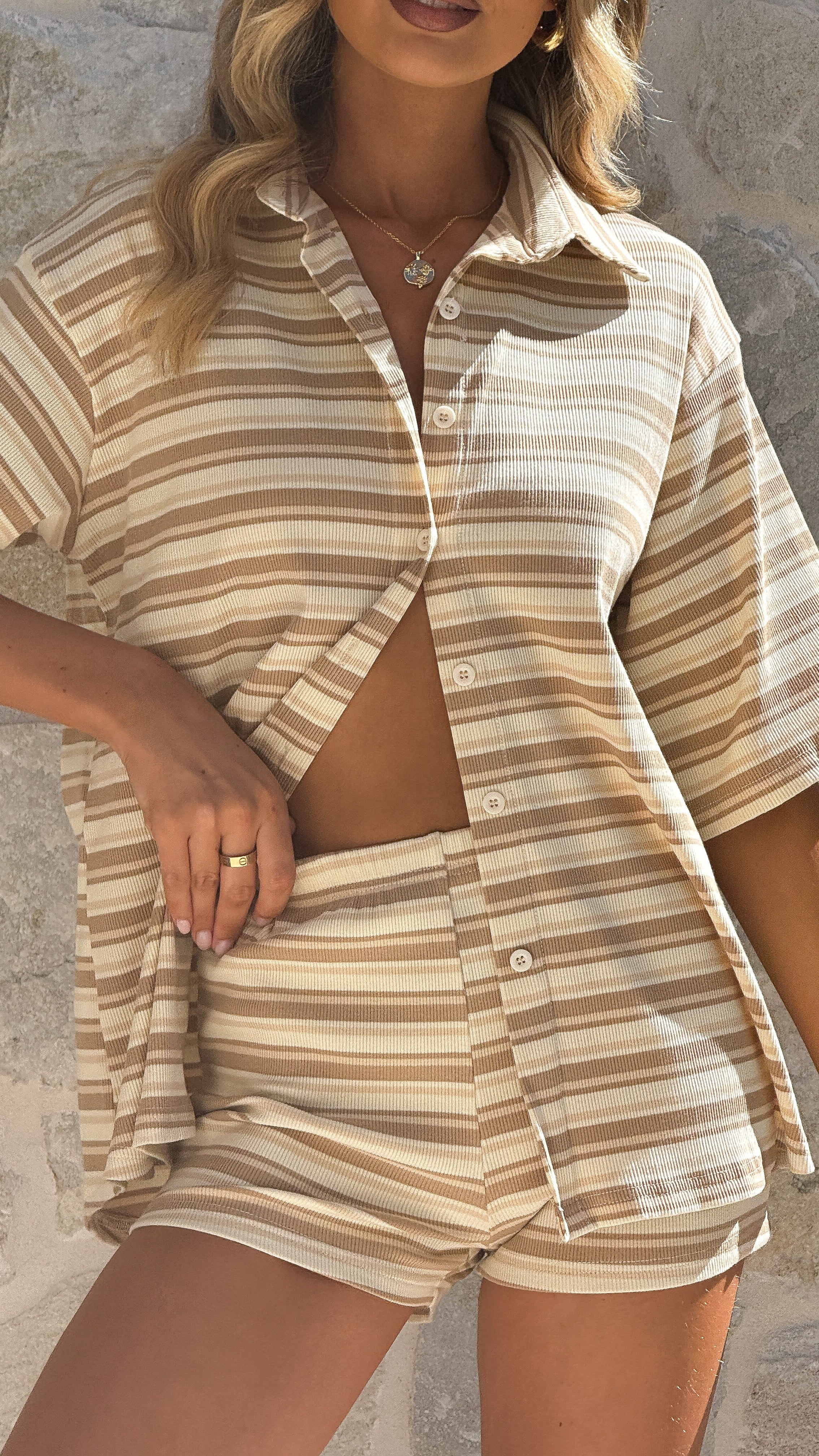 Sashi Button Up Shirt and Shorts Set - Beige Stripe - Image 8