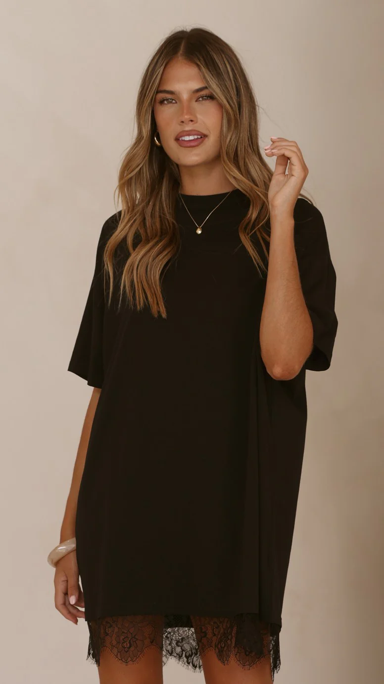 Saya T Shirt Lace Mini Dress - Black - Image 3