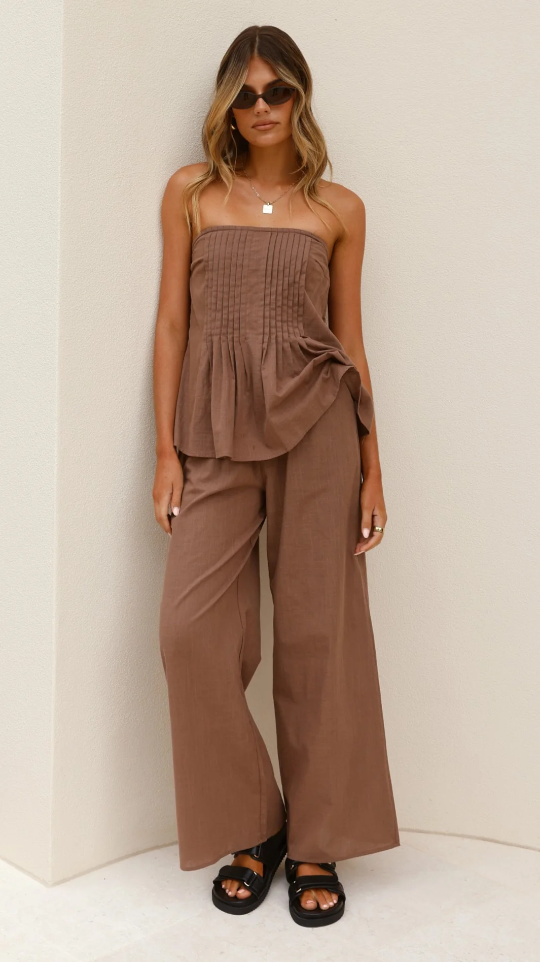Sharni Strapless Pleat Top and Pants Set - Chocolate - Image 12