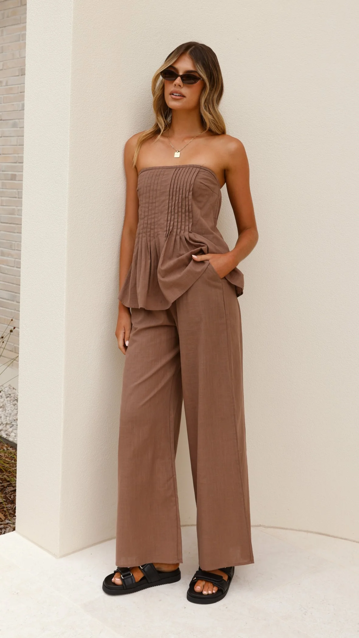 Sharni Strapless Pleat Top and Pants Set - Chocolate - Image 9
