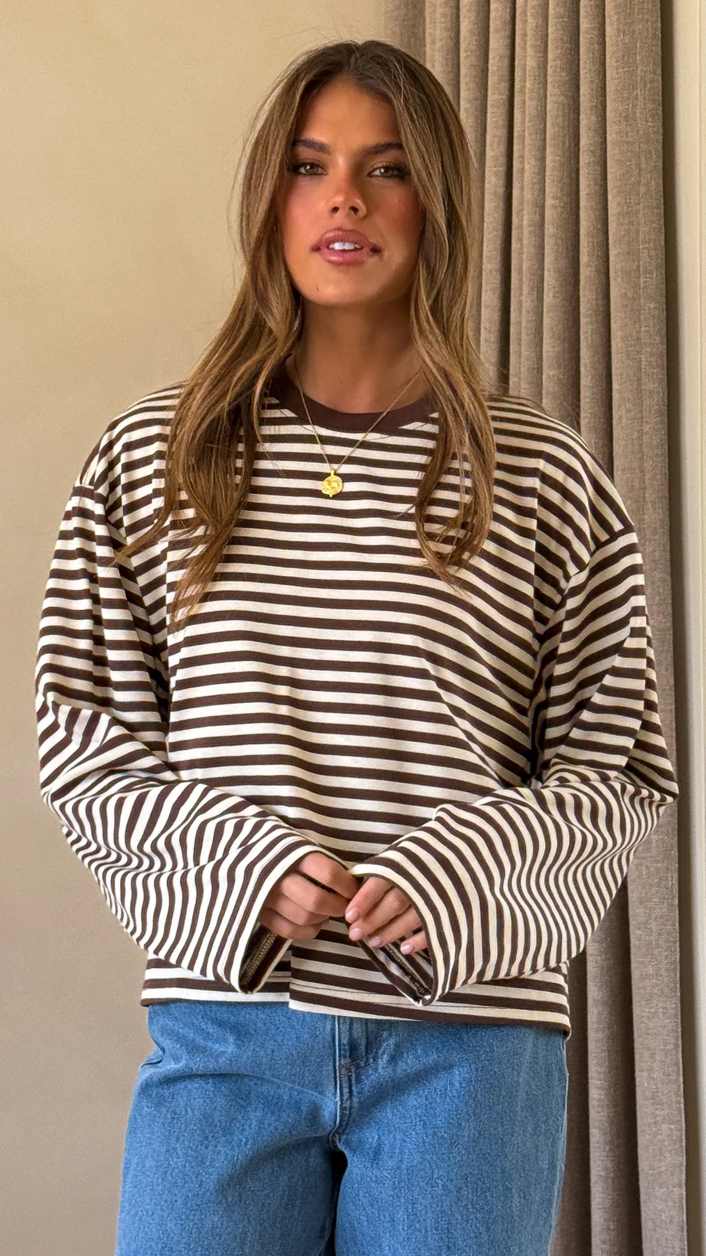 Solana Long Sleeve Top - Choc/White Stripe - Image 9