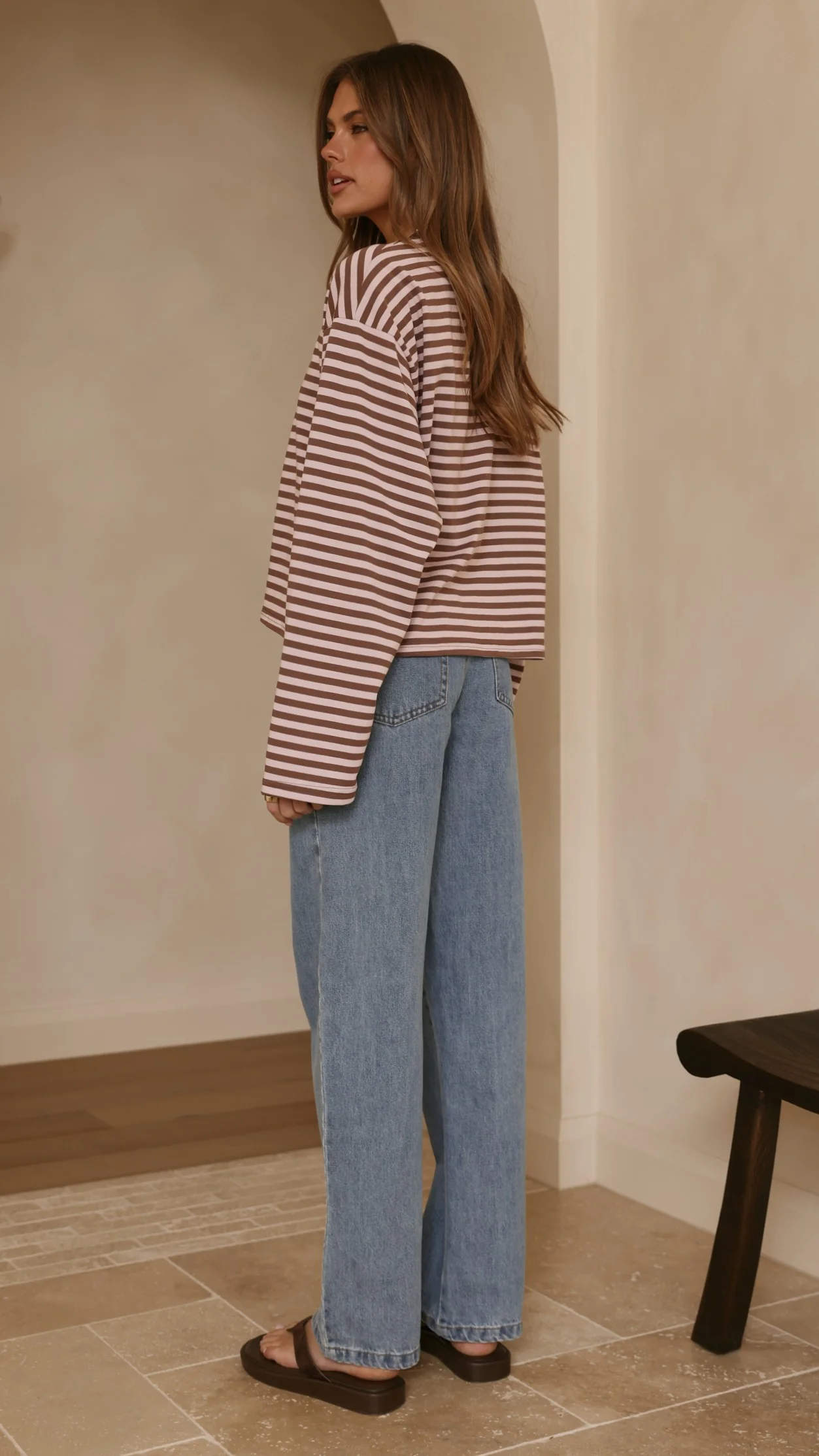 Solana Long Sleeve Top - Pink/Choc Stripe - Image 2