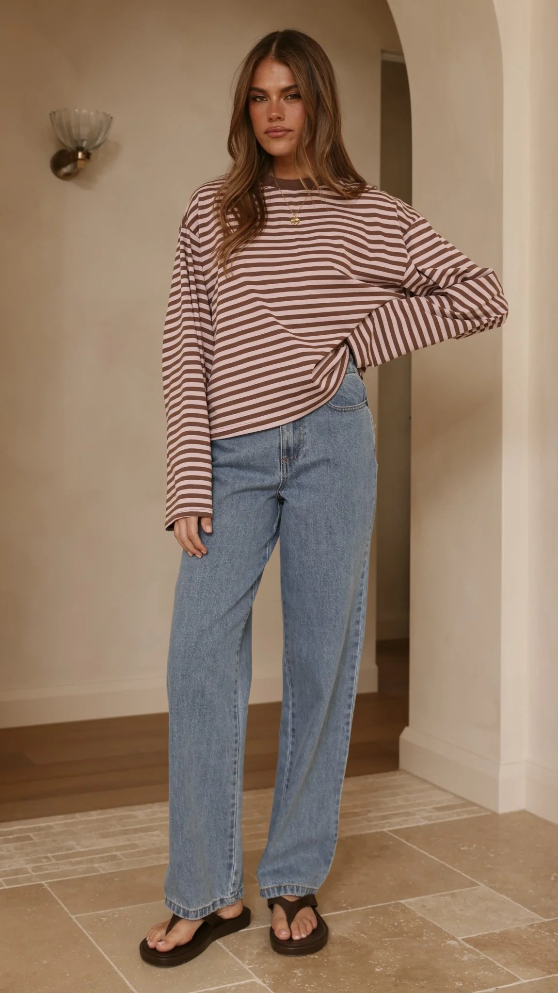 Solana Long Sleeve Top - Pink/Choc Stripe - Image 3