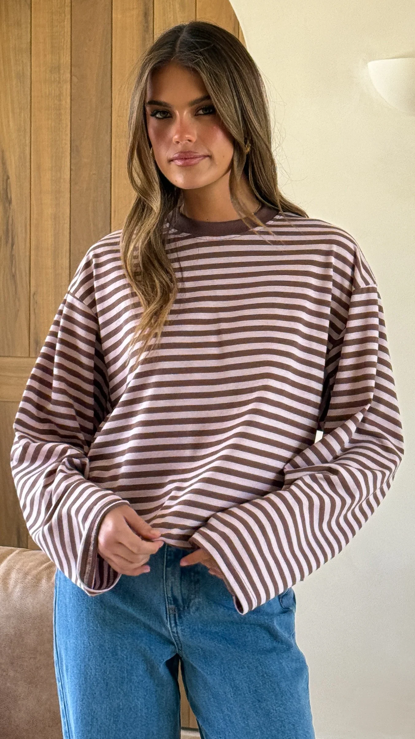 Solana Long Sleeve Top - Pink/Choc Stripe - Image 4