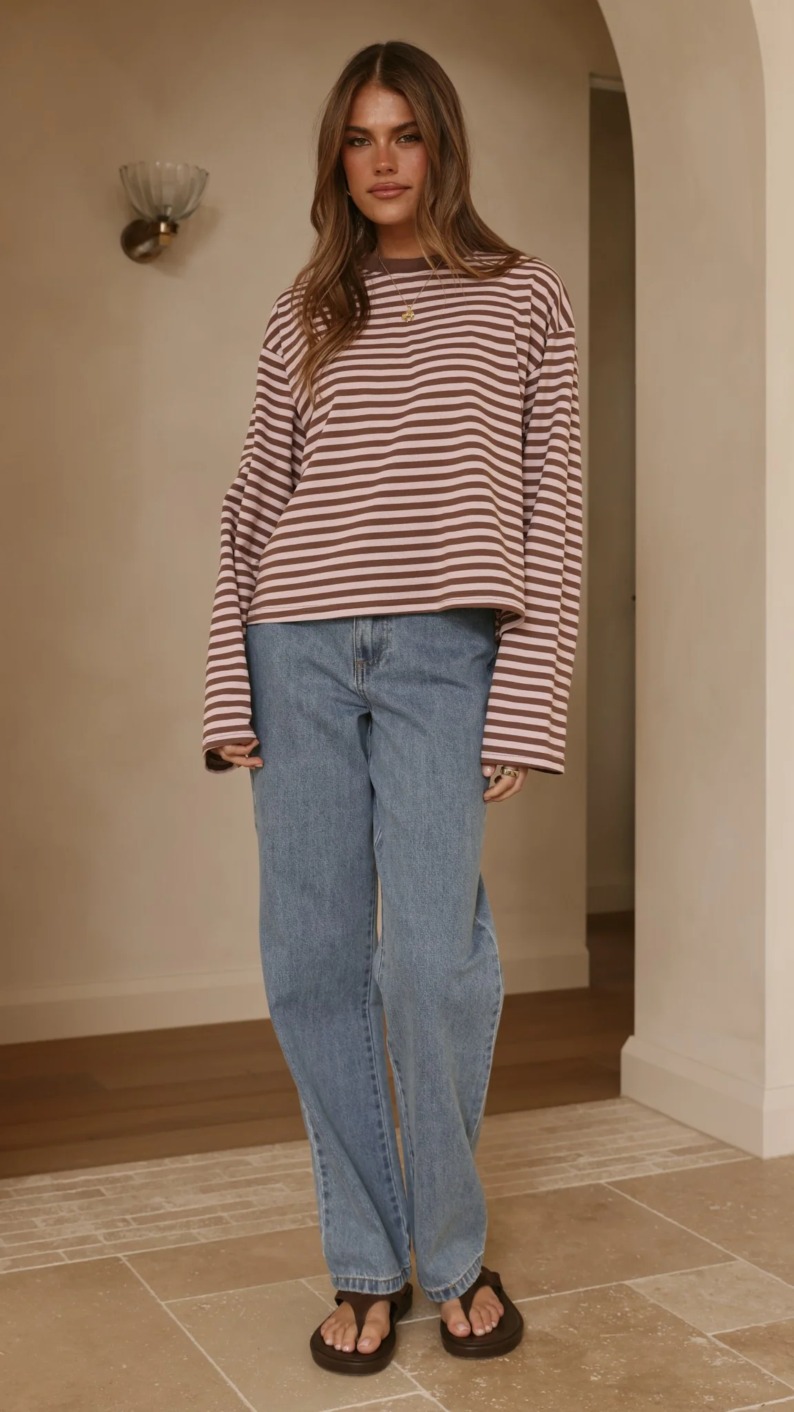 Solana Long Sleeve Top - Pink/Choc Stripe - Image 5