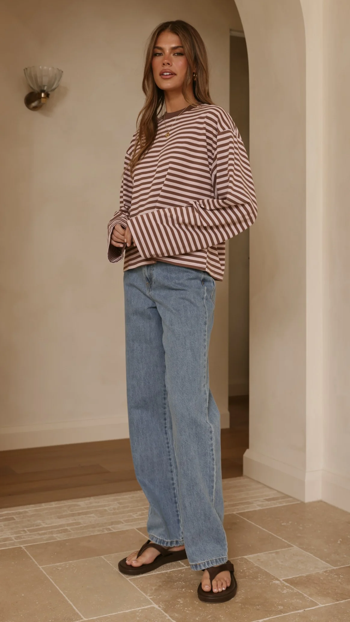 Solana Long Sleeve Top - Pink/Choc Stripe - Image 6