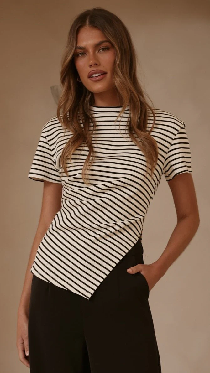 Tiarna Side Ruched Tee - Black/White Stripe