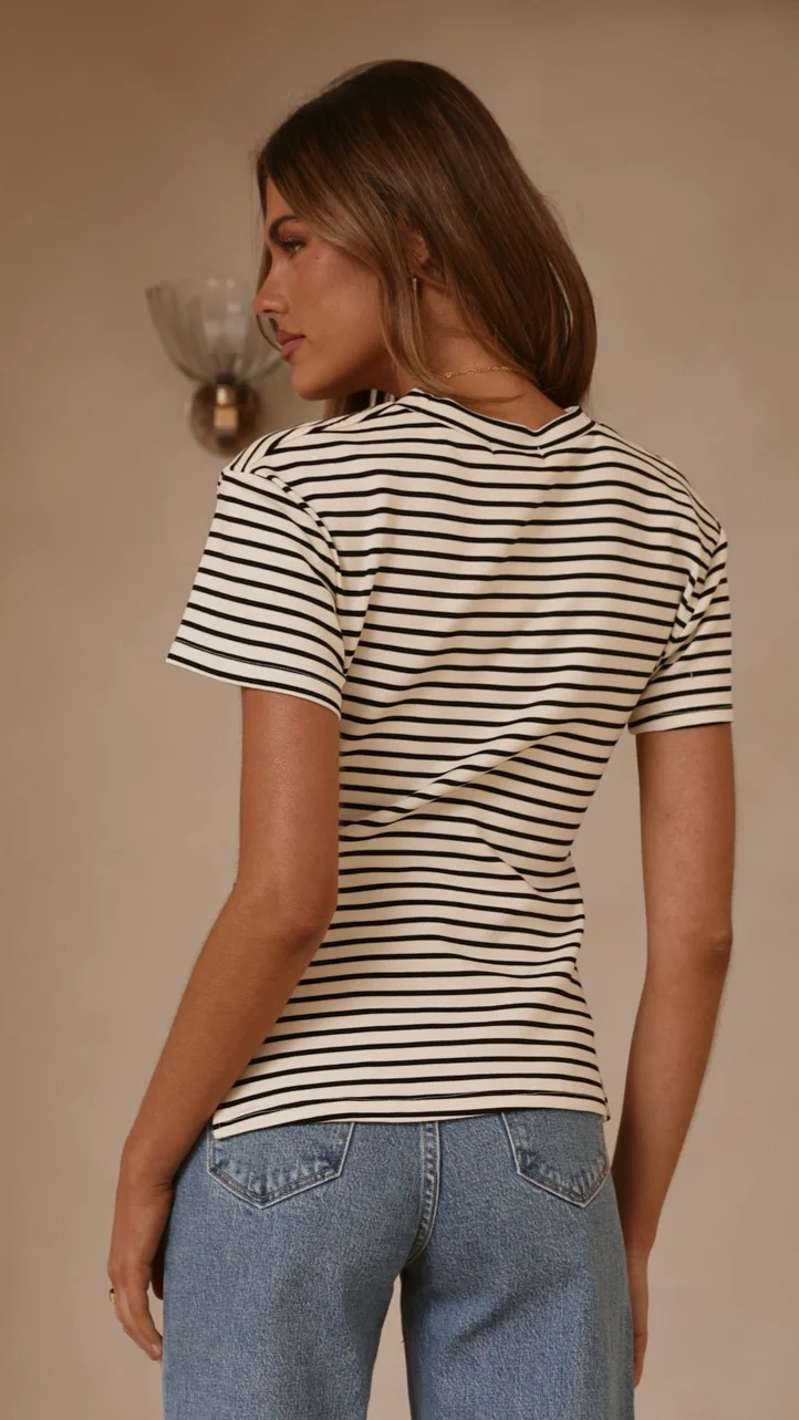 Tiarna Side Ruched Tee - Black/White Stripe - Image 10