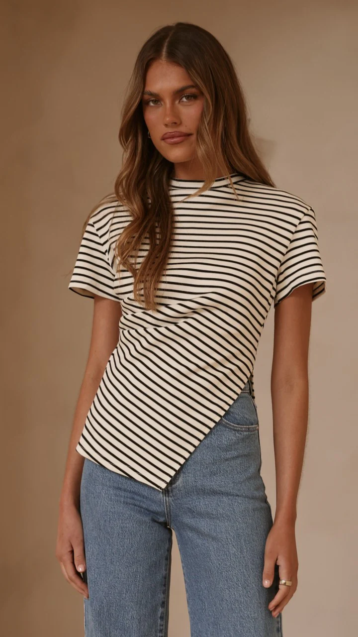 Tiarna Side Ruched Tee - Black/White Stripe - Image 11