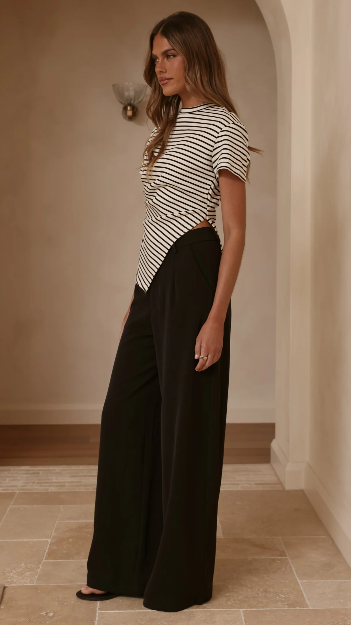 Tiarna Side Ruched Tee - Black/White Stripe - Image 13