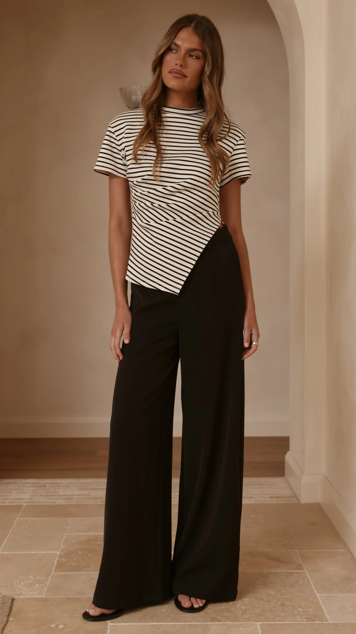 Tiarna Side Ruched Tee - Black/White Stripe - Image 14