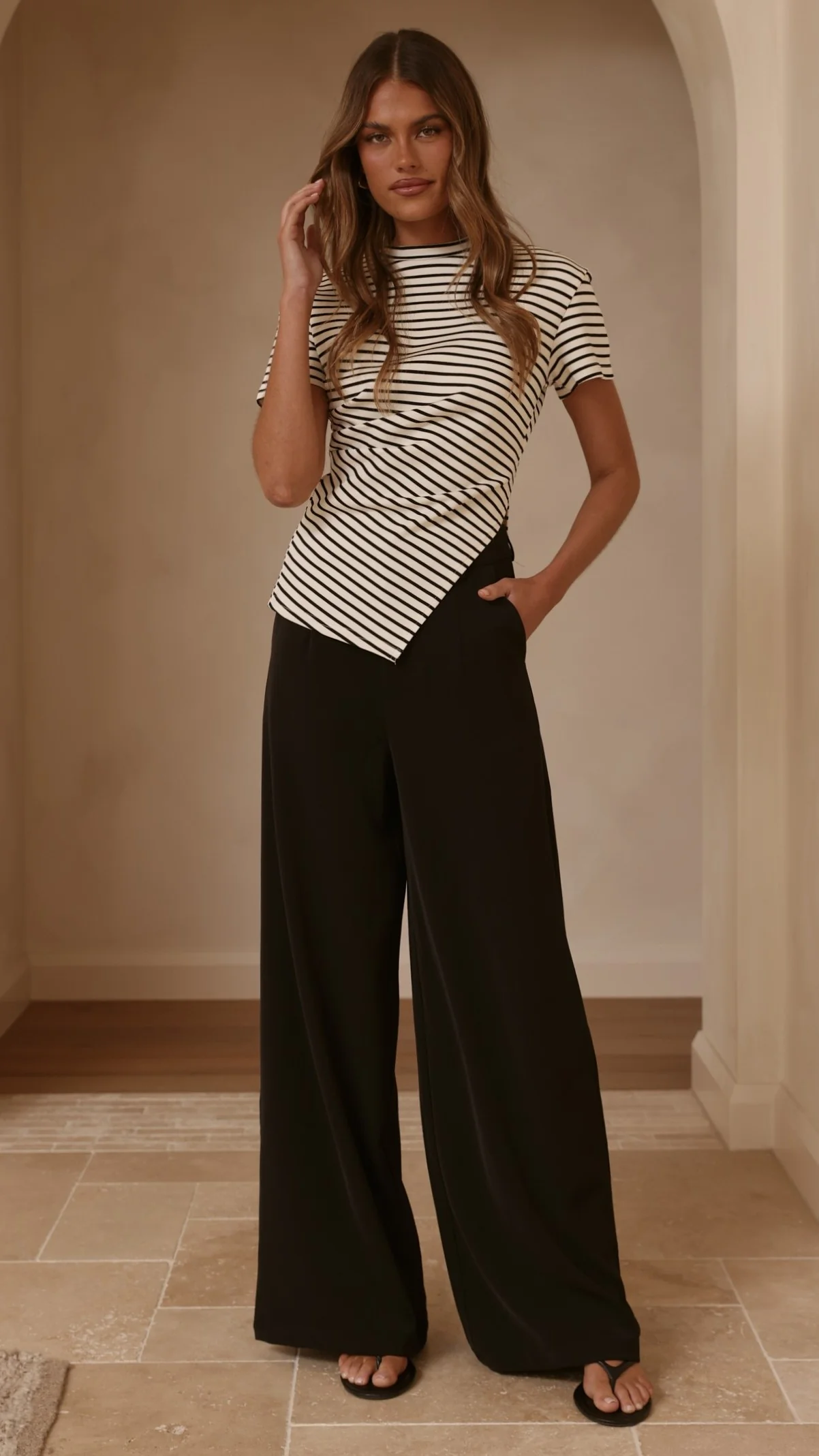 Tiarna Side Ruched Tee - Black/White Stripe - Image 15