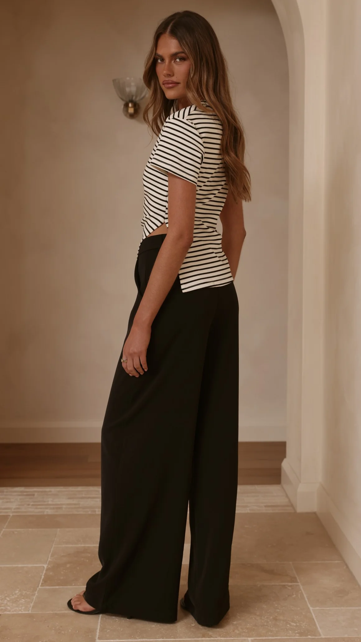Tiarna Side Ruched Tee - Black/White Stripe - Image 2