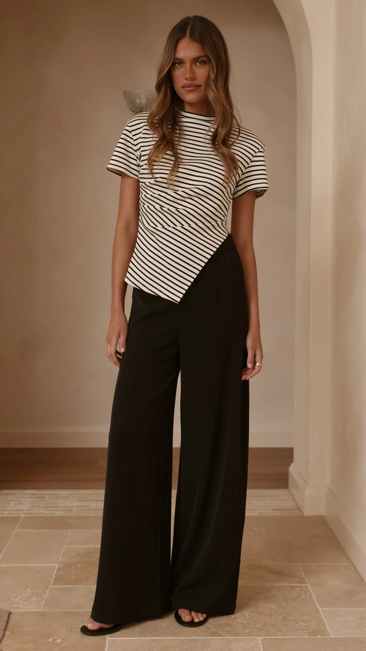 Tiarna Side Ruched Tee - Black/White Stripe - Image 3