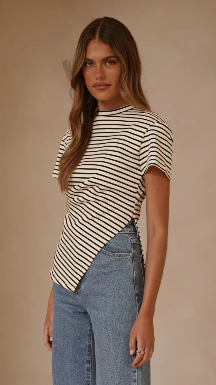 Tiarna Side Ruched Tee - Black/White Stripe - Image 6