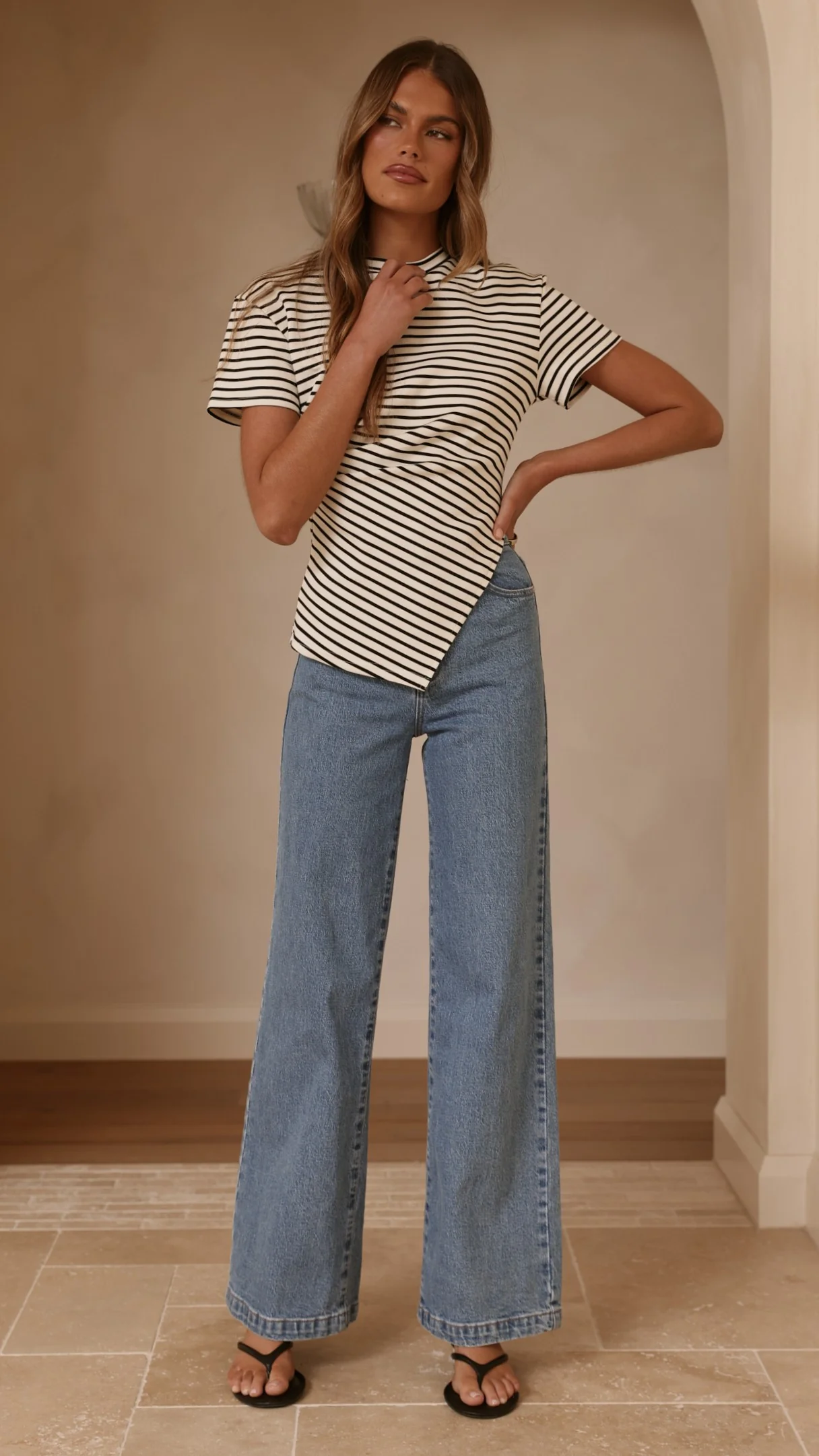 Tiarna Side Ruched Tee - Black/White Stripe - Image 8