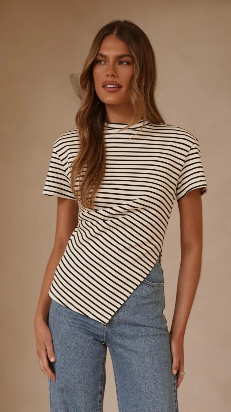 Tiarna Side Ruched Tee - Black/White Stripe - Image 9