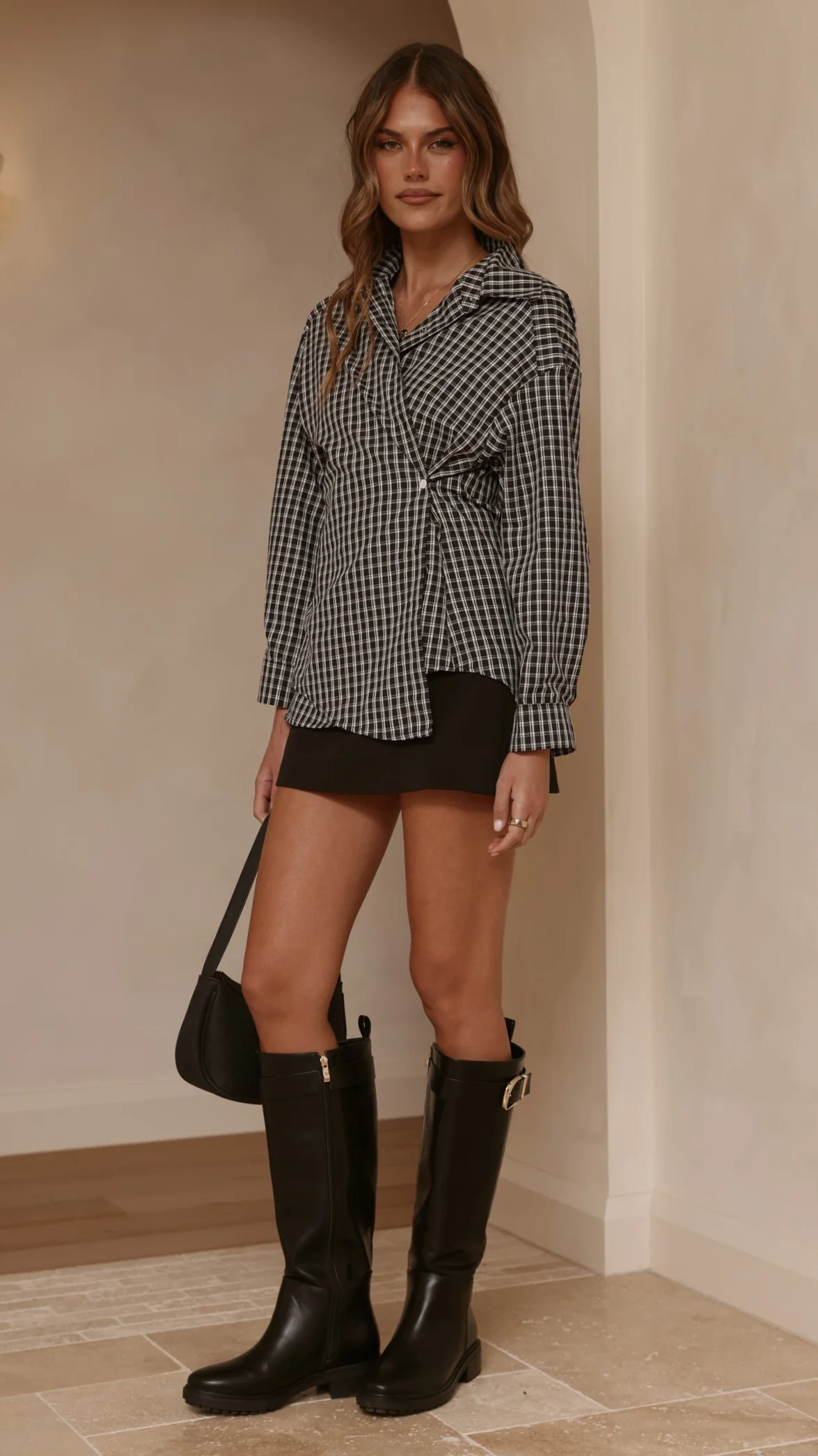 Valia Asymmetrical Button Up Shirt - Black/White Plaid - Image 7
