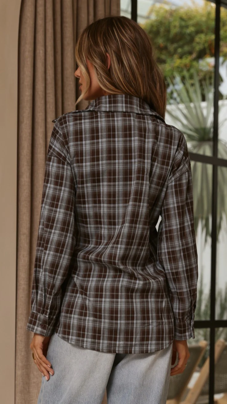 Valia Asymmetrical Button Up Shirt - Blue/Brown Plaid - Image 2