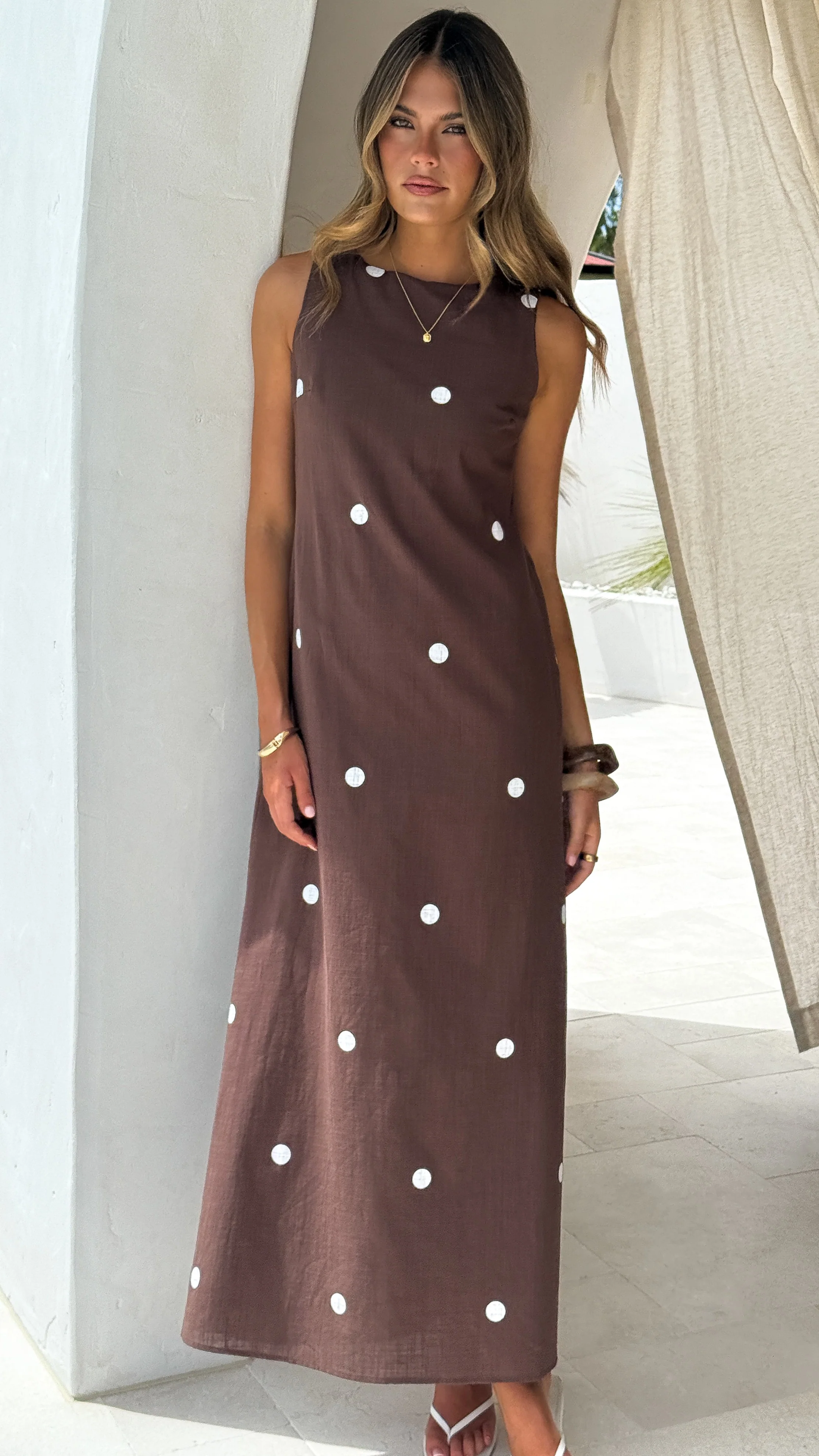 Vana Maxi Dress - Brown/White Polka - Image 6